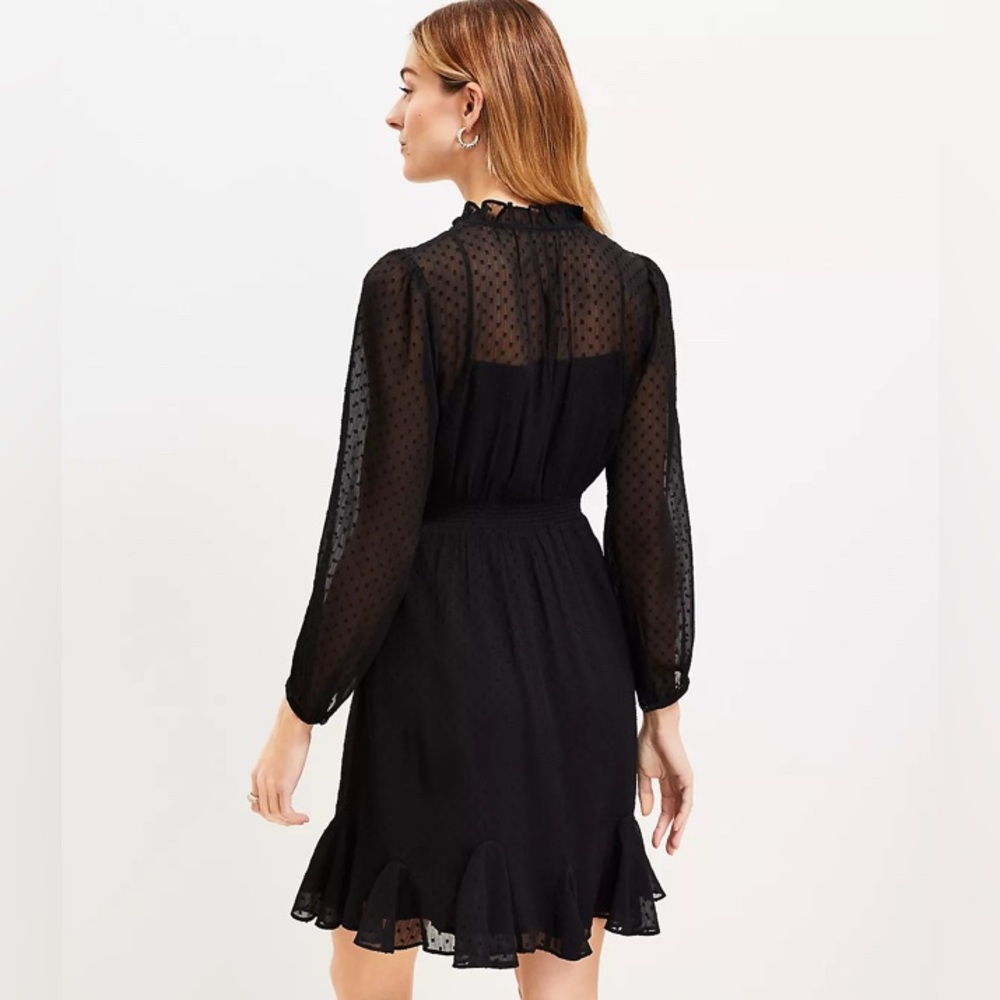 LOFT Tall Clip Godet Flare Dress Black Size 14T - Swiss Dot Texture EUC - Picture 2 of 11